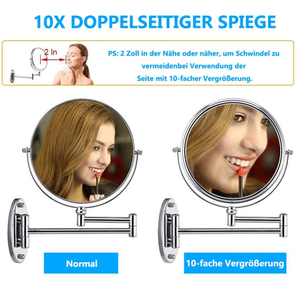 Elegant Chrome Wall-Mounted Makeup Mirror, 10X Magnifying Double-Sided LED-Illuminated Makeup Mirror for Bathroom with 7 Inch Extendable Arm and USB