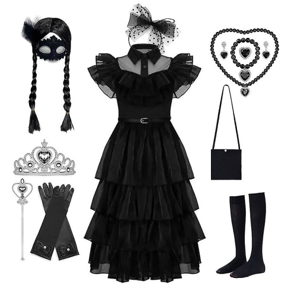 Onsdag Addams Kjole Cosplay Kostyme Barn Jenter Fest Svarte Kjoler Halskjede Maske only necklace kit 01 160cm