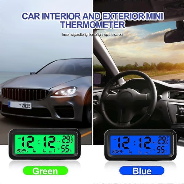 Digital solcellsbilsklocka med datum, vecka, temperatur, luftfuktighet, LCD-display för instrumentbräda, bilklocka, termometer, hygrometer, självhäftande