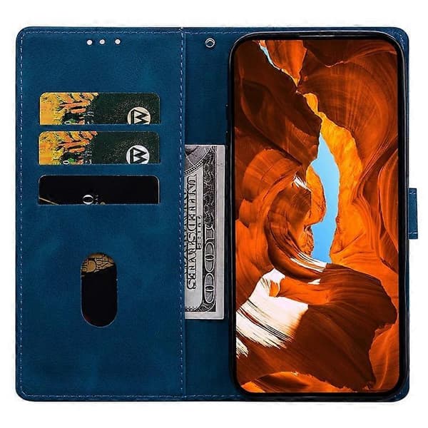 Kompatibel med iPhone 16 Plus Läderfodral Präglat Rutmönster Plånboksställ Flip Telefonfodral Blue