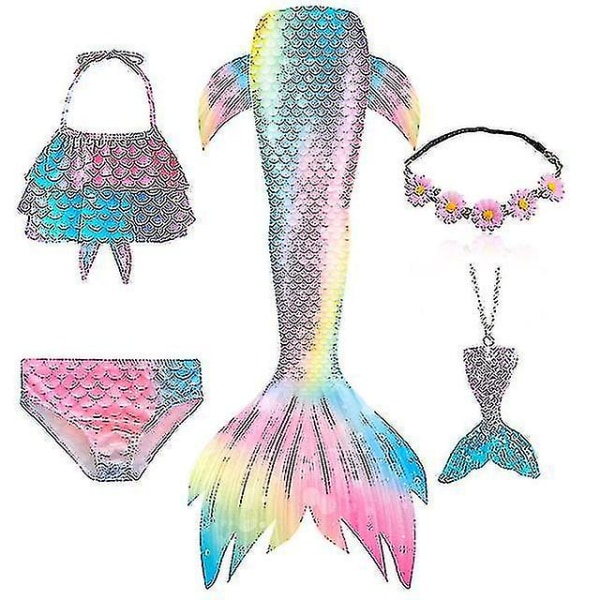 5 stk/sett Jenter Mermaid Tail Badedrakt Barn Mermaid Ariel Cosplay Kostyme Fantasy Beach Bikini Set 3 140