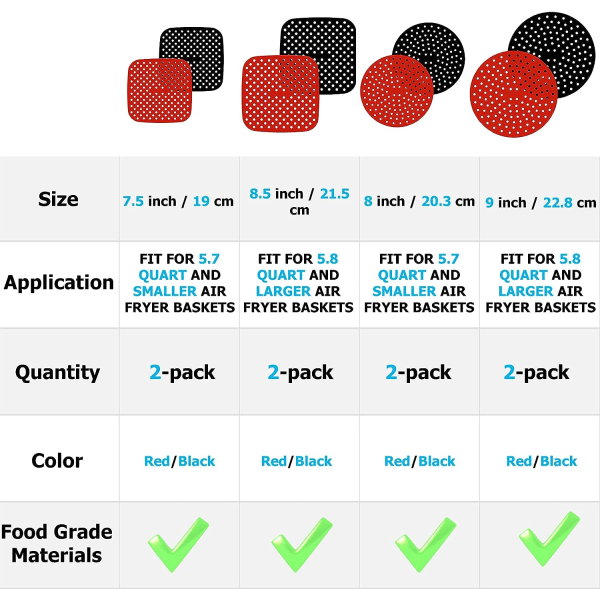 2 stk 8,5 tommers silikonluftfrityrforinger Kvadratiske gjenbrukbare luftfrityrmatter Ikke-klebende luftfrityrforinger for luftfrityr steking dampkoking