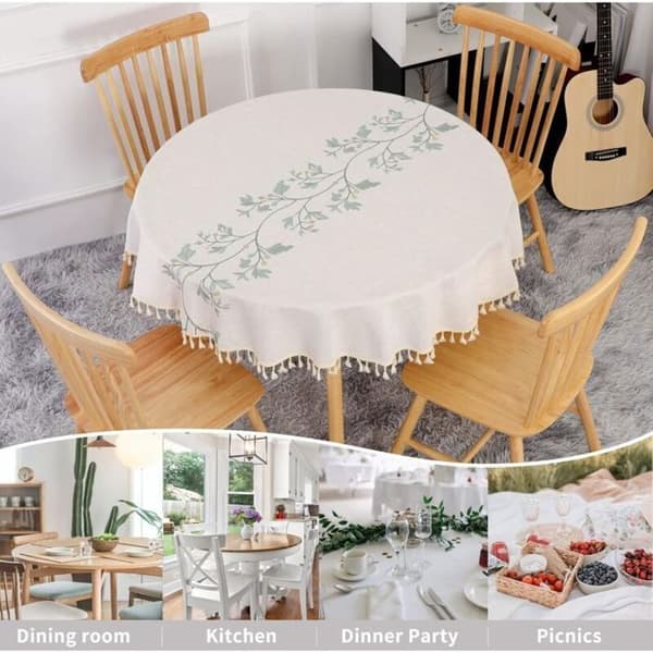 Rund duk - PZCC - 140 cm - Beige - Broderade gröna blad - Fläckavvisande