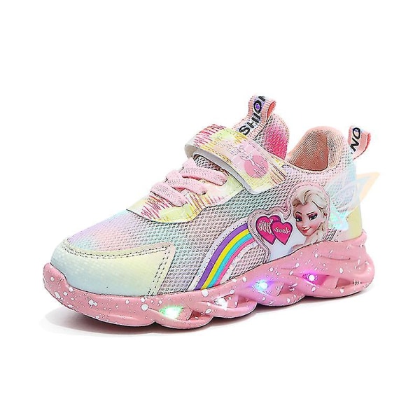 Jente Casual Sneakers Elsa Prinsesse Trykk Utendørs Sko Barn Lysende Anti-Skli Sko For Vår Og Vinter Pink 31-insole 19.4cm