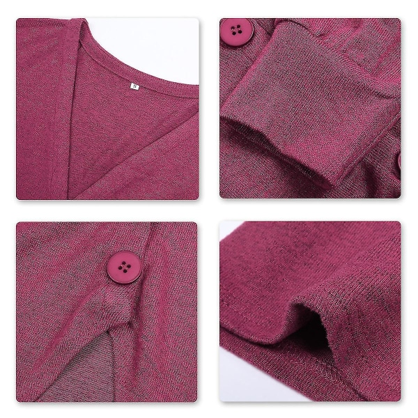 Bomull Dame V-hals Mote Design Løs Ensfarge Casual Cardigan 15 farger Rose Red L