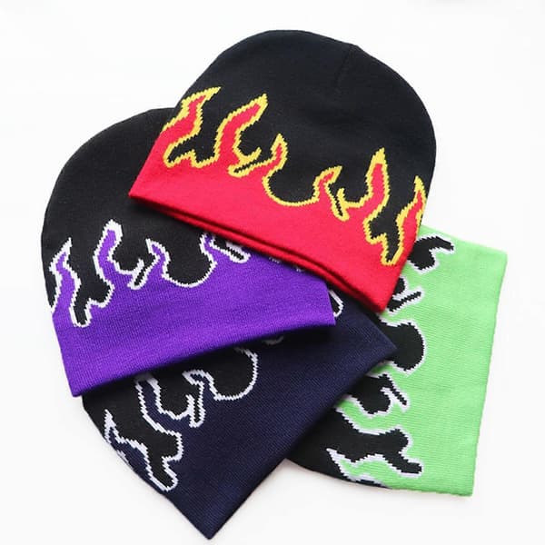 Flame Mössa Flame Skull Cap Eldflamma Mössa Stickad Mössa Hatt Slouchy Mössa Grafisk Mössa Y2K Mössor Skullies Mössa Red