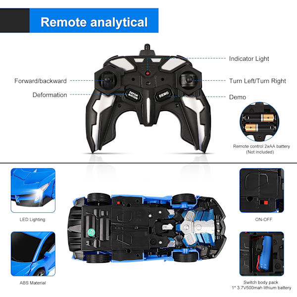 Fjärrstyrd Bil Transformer Robot RC Bilar för Barn 2.4Ghz 1:18 Roterande Stunt Racebil Blå