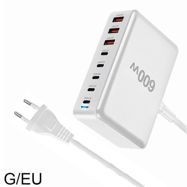 Ny 600W Hurtiglader 3.0 USB Type C Hurtiglader med 8 porter White EU Plug