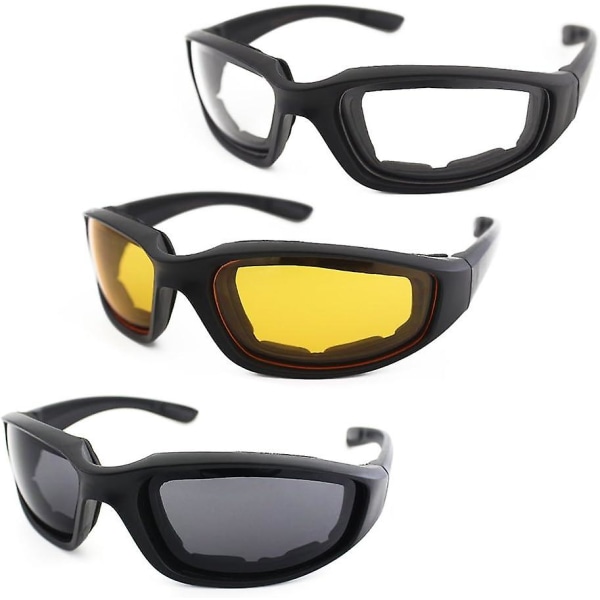3 stk Motorcykel kørebriller polstring briller Uv beskyttelse Støvtæt vindtæt, grå+hvid+gul colorful