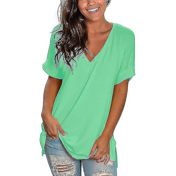 Dametøj T-shirt Sommer Tops 2022 Sommer V-hals Løstsiddende Casual Lake water green color M