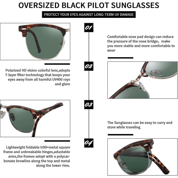 Polarized Aviator Foldable Browline Solglasögon: Mini Travel Portable Square Halvbåglösa Spegeluppfällbara glasögon för bilkörning