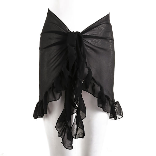 Tunna Mesh Mini Ruffle Kjolar Kvinnor Omslag Tassel Klänning Bikini Badkjol Kvinnor Baddräkt Strandkläder Wrap Black