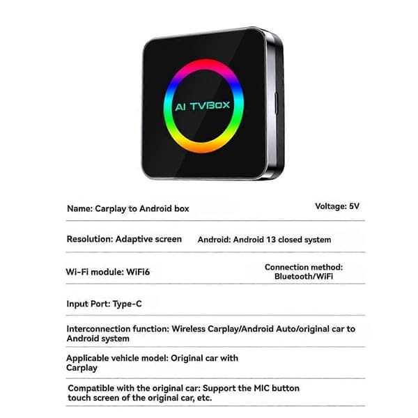 Android 13 Ai TVBox Ai Box Carplay WIFI6 2G+16G Langaton Carplay/Android Auto Carplay Android Ai:lle