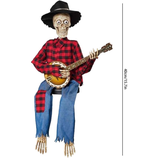 Cowboy-kraniet Statue, Bevægelig Lysende Kranie Ornamenter, Sjove Banjo Skelet Statue Figurer, Gotisk Dekoration, Halloween Dekoration Red - with light
