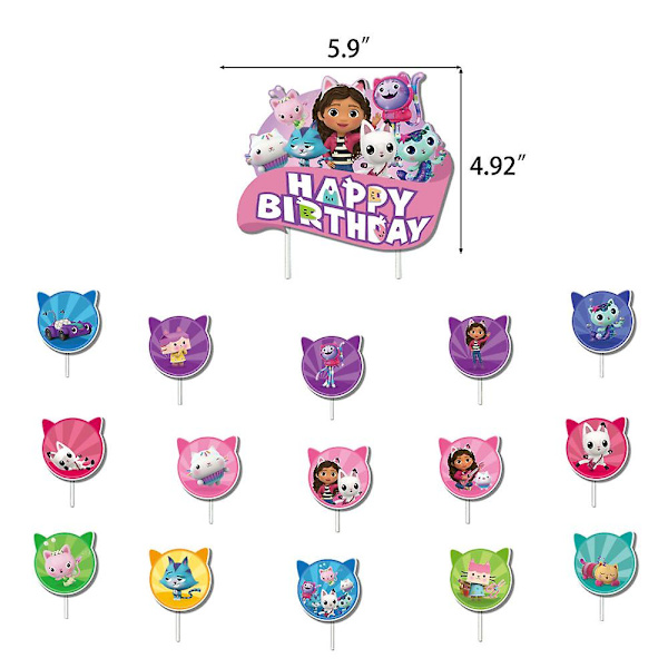 Gabby's Dollhouse-tema Barnkalas Dekorationssats för Flickor med Banner, Ballonger, Tårta Toppar