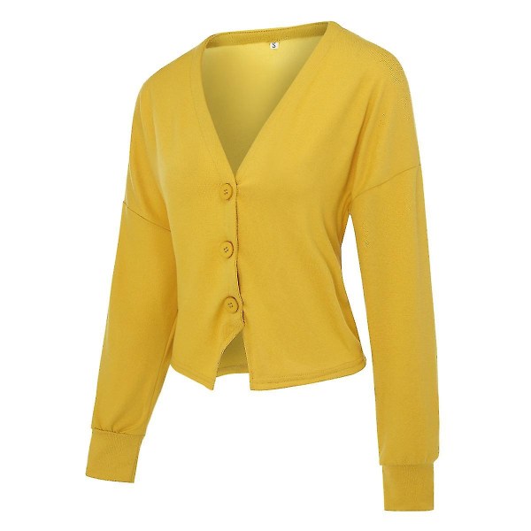 Bomull Dame V-hals Mote Design Løs Ensfarge Casual Cardigan 15 farger Yellow 2XL