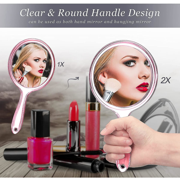 Håndspejl Dobbeltsidet håndholdt spejl 1x/ 2x forstørrelsesspejl med håndtag Gennemsigtigt håndspejl afrundet form makeupspejl