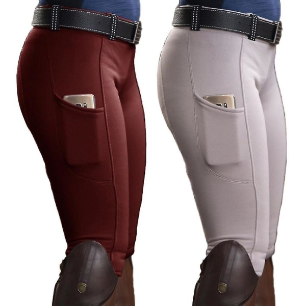 Kvinder Pocket Hip Lift Elastiske Ridebukser Hestevæddeløbsbukser Khaki 2XL