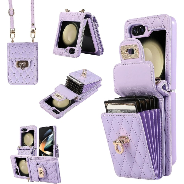 Galaxy Z Flip 5 Plånboksfodral, crossbody mjukt läderfodral för Samsung Galaxy Z Flip 5 med 6 kortfack Purple