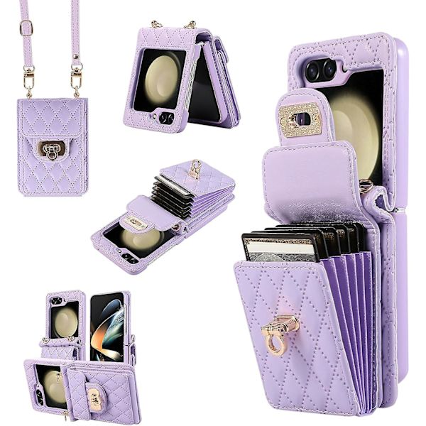 Galaxy Z Flip 5 Pungtaske, crossbody blød lædertaske til Samsung Galaxy Z Flip 5 med 6 kortlommer Purple