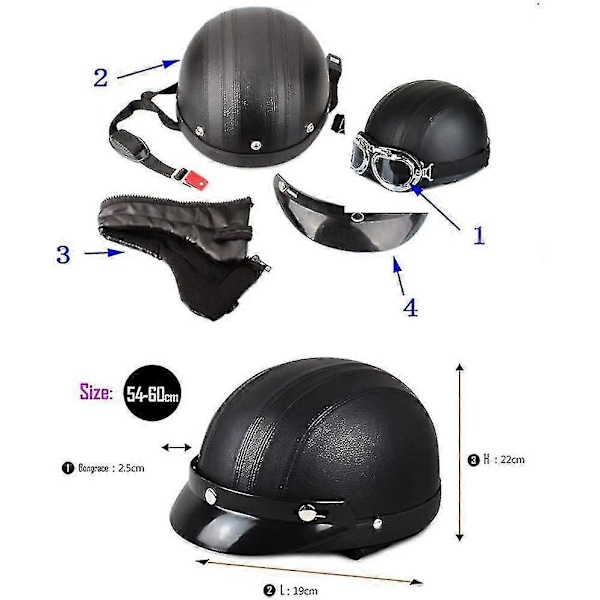 Motorsykkel Scooter Åpen Hjelm i Lær med Anti-UV Briller Retro Vintage Stil 54-60cm [DB]