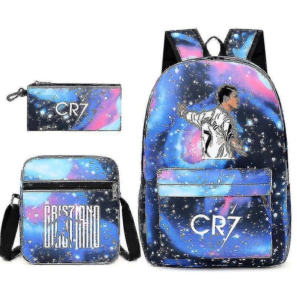 Fotbollsstjärna C Ronaldo Cr7 ryggsäck med printed runt studenten Tredelad ryggsäck. Starry blue 3 Shoulder bag pencil case