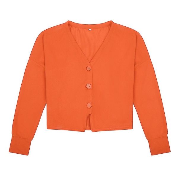 Bomull Dame V-hals Mote Design Løs Ensfarge Casual Cardigan 15 farger Orange L