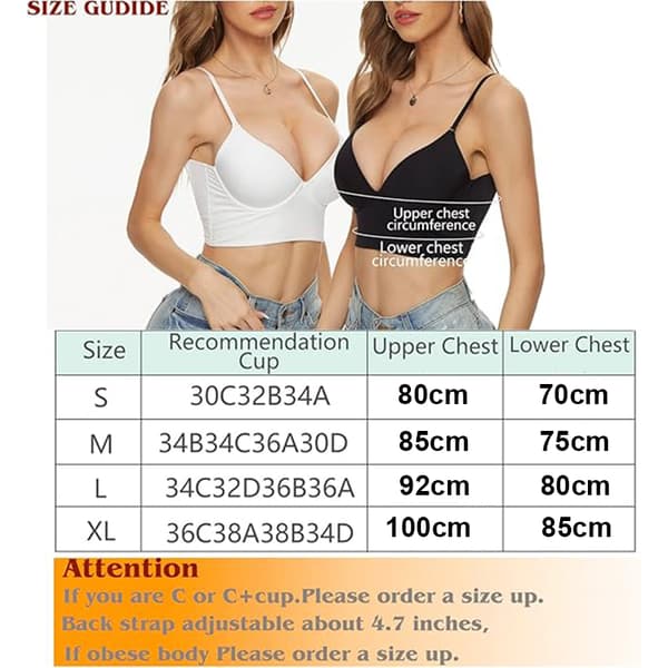Low Back Bra for Women Push Up Deep V-Neck Backless Bra Black Black L