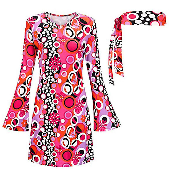 70-talls 80-talls Kvinne Hippie Kostyme Sett Disco Antrekk Hodebånd Kjole Cosplay Party Gaver Dark Pink XL