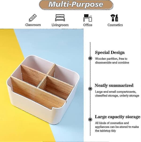 Removable Desk Organizer. Wooden Desk Storage Box with 5 Compartments