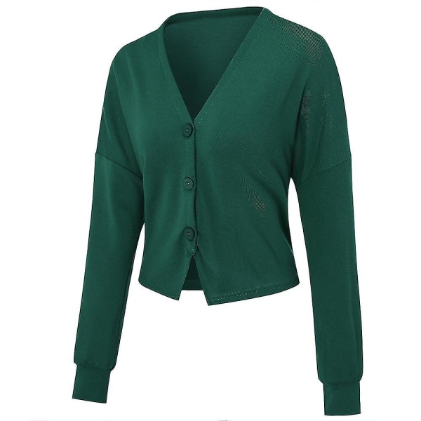 Bomuld Dame V-hals Fashion Design Løs ensfarvet Casual Cardigan 15 farver Dark Green M