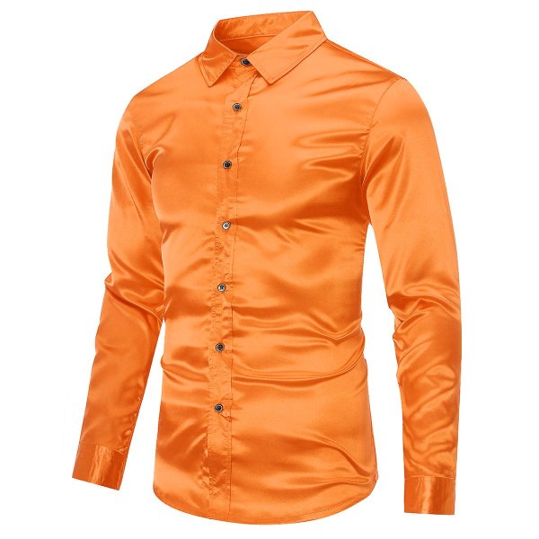 Sliktaa Miesten Casual Fashion Kiiltävä pitkähihainen Slim-Fit muodollinen paita Orange 2XL