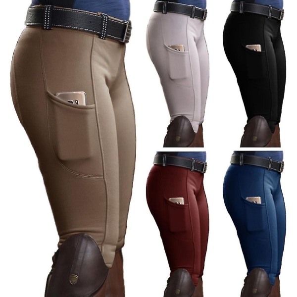 Kvinder Pocket Hip Lift Elastiske Ridebukser Hestevæddeløbsbukser Khaki L