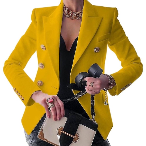 Dobbeltspent blazerjakke for kvinner med lange ermer jakkeslag Høst Høst Uformelt Slim Fit Yttertøy Yellow M
