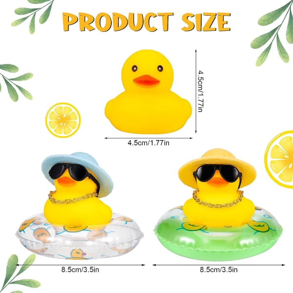 2 PCS Car Duck Decoration Dashboard, Yellow Rubber Duck Car Ornament with Sun Hats Swimming Rings