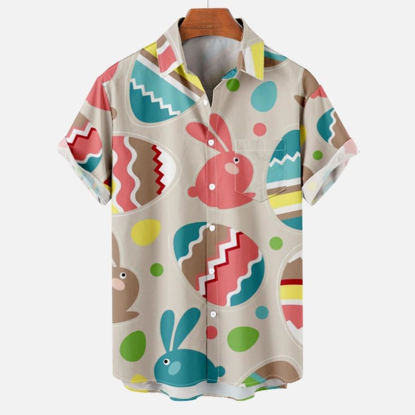 Men Casual Buttons Easter Printing With Pocket Turndown Short Sleeve Shirt Blouse NUO0244