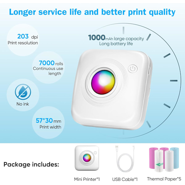 Bluetooth Thermal Printer for Mobile Printing, Inkless Printing for Creative Stickers, Portable Printer with High-Resolution Prints, Versatile