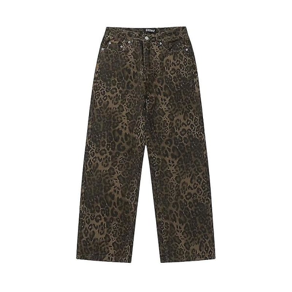 Tan Leopard Jeans Naisten Denim Pants Naisten leveät leveät housut L