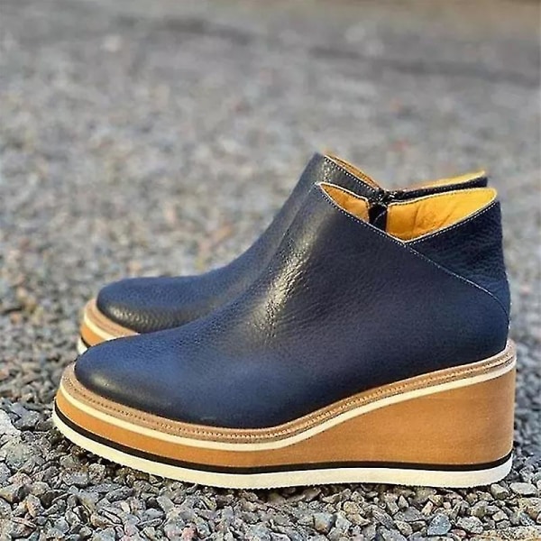 Dame Premium solide farger Kile ankelstøvletter Rund tå Fottøy Kiler Uformelle sko Fasjonable Navy Blue 35