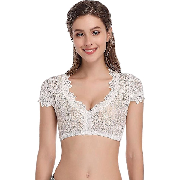 Elegant Dirndlblus för damer, svart dirndlblus, spetsblus för Oktoberfest, vit White S