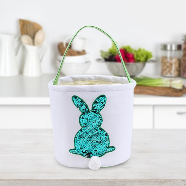 Påskäggpåse med kanin-design, paljetter, för godis, gåvojakt, hink, väska med handtag Green