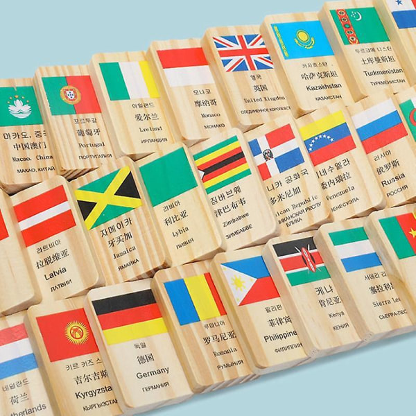 100 kpl Monikielinen maan lippu Domino-puiset lelut Maailman ymmärtäminen Domino Block Varhaiskasvatuksen kognitiivinen peli China
