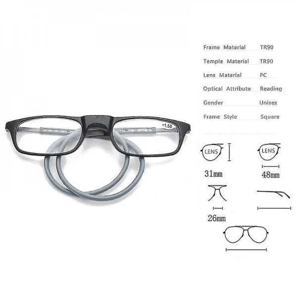 Lesebriller Høykvalitets Tr Magnetic Absorption Hanging Neck Funky Readers Glasses Grey 1.75 Magnification