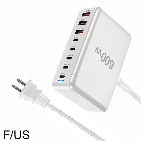 Ny 600W Hurtiglader 3.0 USB Type C Hurtiglader med 8 porter White US Plug