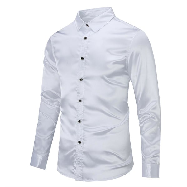 Sliktaa Casual Mode för män glänsande långärmad Slim-Fit formell skjorta White L