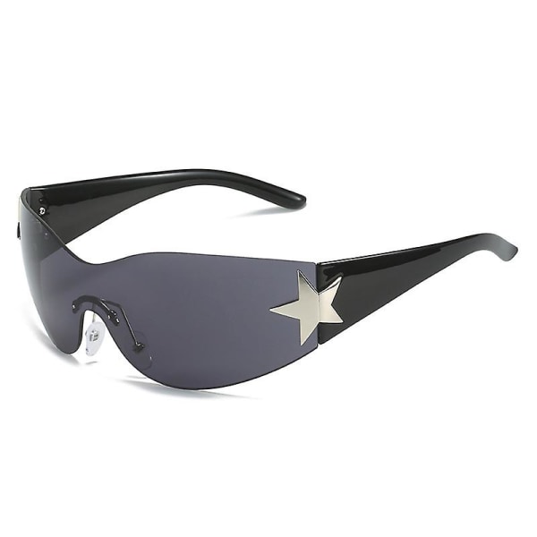 Y2k Wraparound-solbriller, Punk-indfattede briller til mænd Kvinder Sportssolbriller Star Shape Day Outdoor Solbeskyttelse Grey black