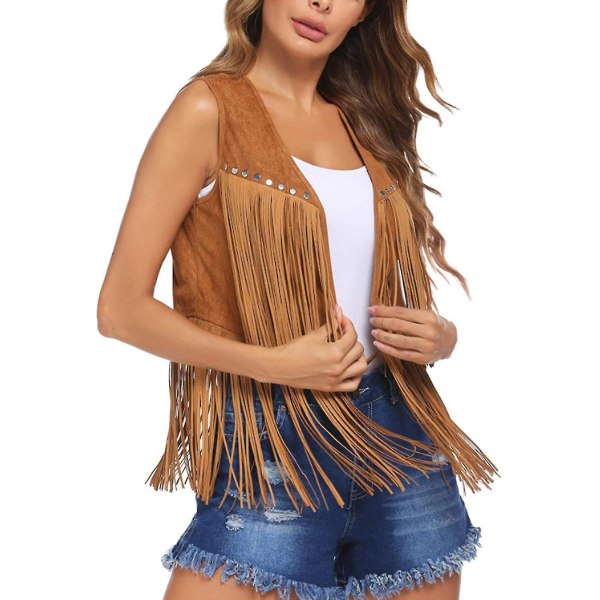 Kvinders Langt Frynser Suede Vest Åben Front V-Hals Ensfarvet Nitter Dekoration Damer Vintage Frynser Veste Streetwear Khaki L