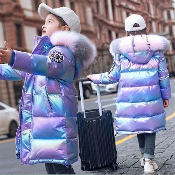 Talvinen lasten tyttöjen takki kiiltävä takki paksu lumi alas mid-thigh topattu lämmin hupullinen Purple 170cm