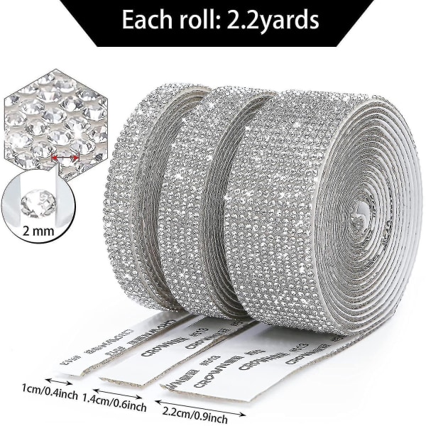 3 Ruller / 6,6 Yards Selvklebende Krystall Rhinestone Bånd, Diamant Bånd Klistremerker Strimler A