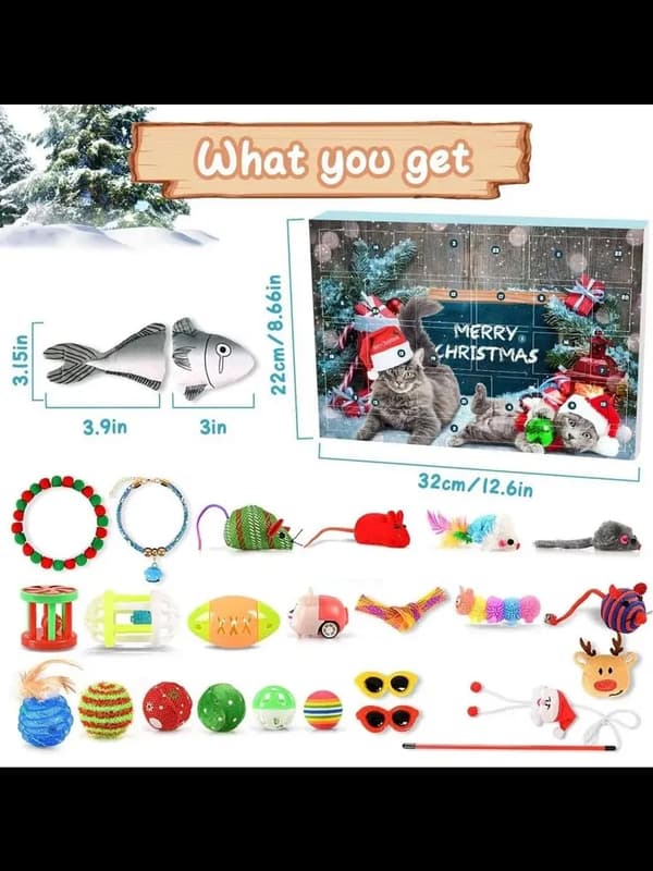 Sett med 1 katte-adventskalender i vindusboks til jul